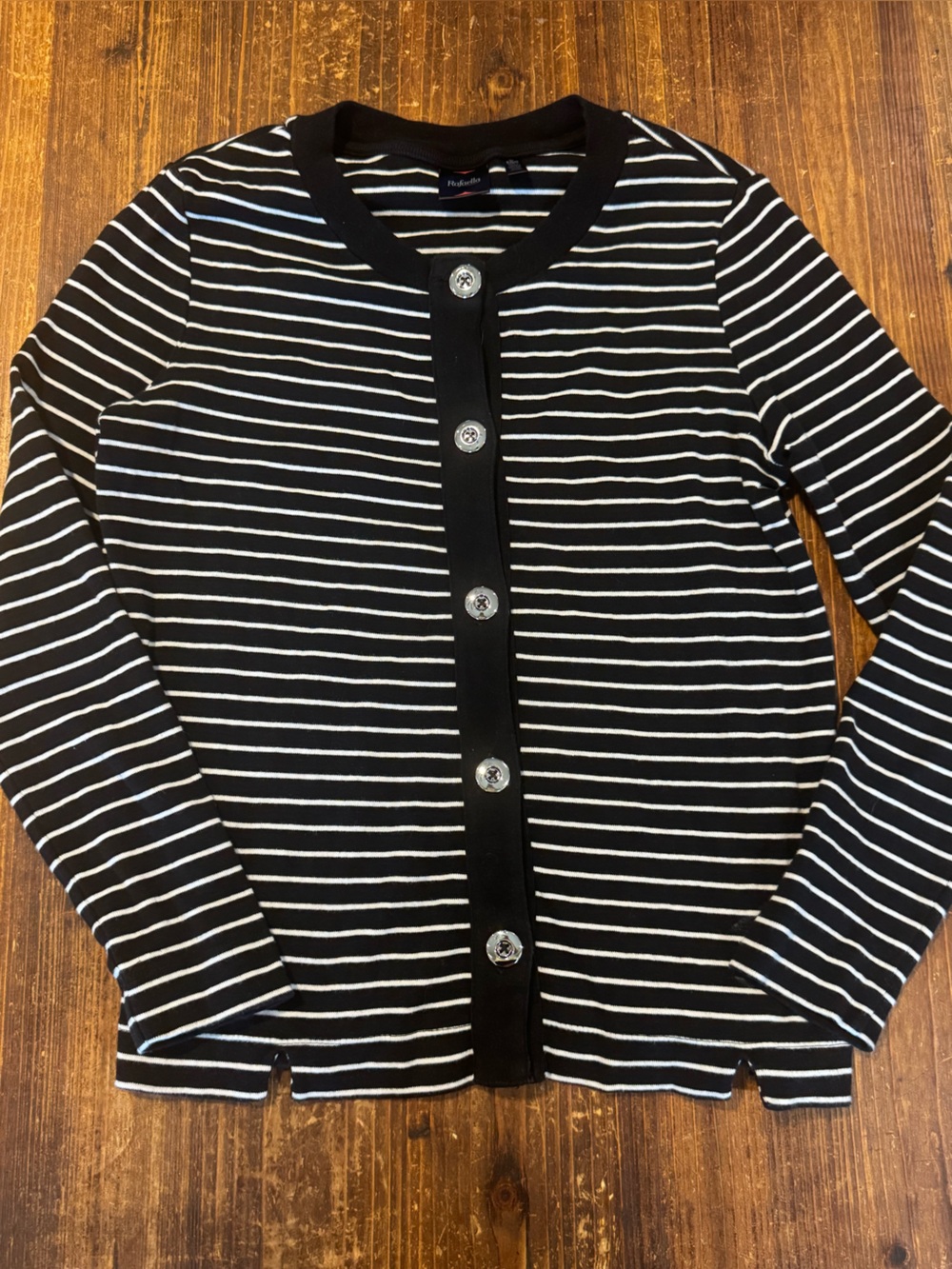 Rafaella Black and White Striped Off-Shoulder Button-Down Top